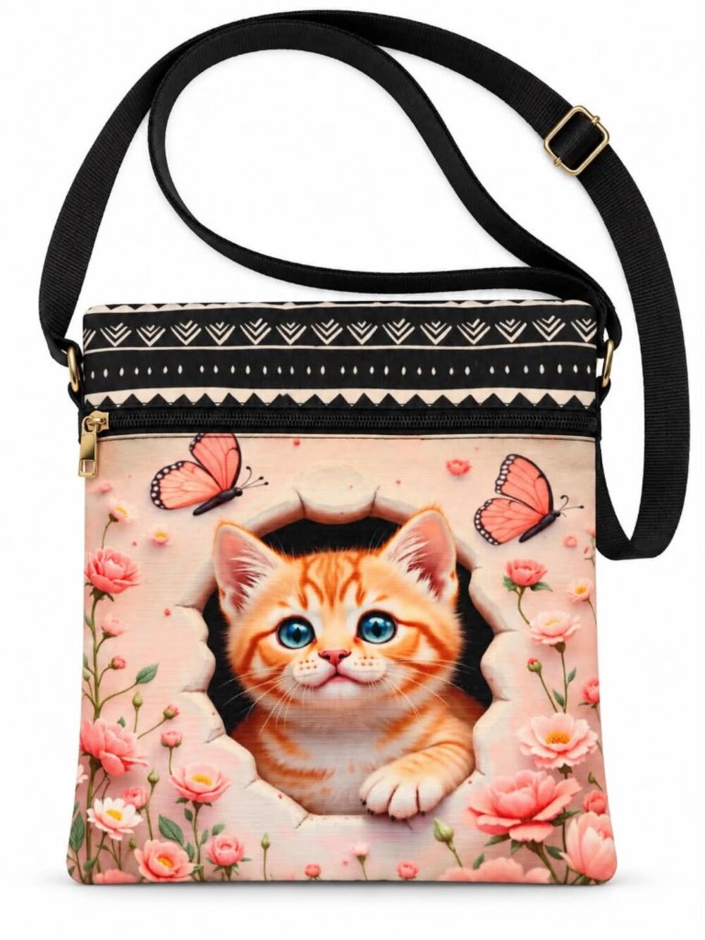 Orange Kitten and Pink Roses Crossbody Bag